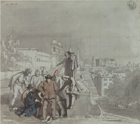 A Group of Players with the Church of Santa Trinità dei Monti in Rome in the Background