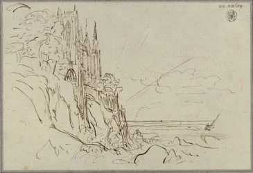 A Gothic Church on a Steep Seacoast before the Rising Sun
