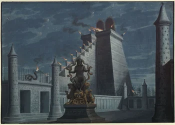 Fernand Cortez, or: The Conquest of Mexico. Opera by Gaspare Spontini. Design for the 1st Decoration. Indian Fire Temple