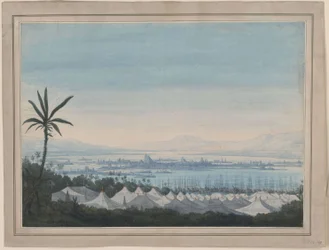 Fernand Cortez, or: The Conquest of Mexico. Opera by Gaspare Spontini. Design for the 2nd decoration. View of Mexico City and the camp of the Spaniards