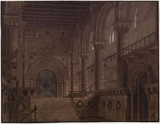 King Yngurd. Tragedy by Adolf Müllner. Design for the 5th decoration. Hall in the tower with the Gate of Death