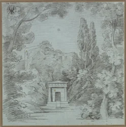 Orpheus and Eurydice. Opera by Christoph Willibald Gluck. Design for the 1st decoration (?). Design for a mausoleum on a rock