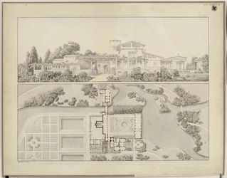 Potsdam-Sanssouci. Roman Baths near Charlottenhof Palace. View from the West and Ground Plan of the Gardener