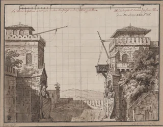 Ratibor and Wanda. Play by Jakob Andreas Konrad Levezow. Design for the 3rd decoration. Castle with a view of mountains