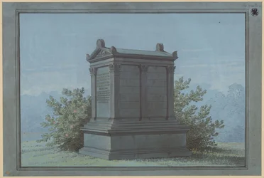 Temple-shaped sarcophagus - Belchau (Białochowo), formerly Graudenz district (Powiat Grudziądzki), Marienwerder administrative district (Województwo Kujawsko-Pomorskie). Design for the Klinggräf funerary monument in the form of a small temple with