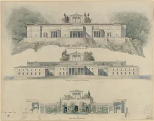 Orianda Palace in Crimea. Classicizing design. Elevation of the sea and land sides, section through the imperial court with the Museum of Crimea and the crowning temple