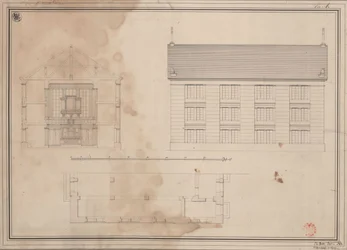 Tillendorf (Bolesławice, Liegnitz District). Design for the Protestant Church. Ground plan, elevation of the side facade and cross-section