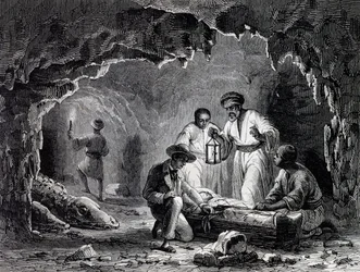 Archaeological Discoveries in Caves of Samoun, engraving based on drawing by Karl Girardet