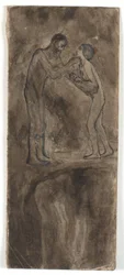 Composition sketch, nude man and woman with child. At the bottom, upside down, nude figure