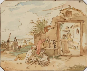 Rural Idyll, Farmhouse with Goats, Dog, Horse at Draw Well