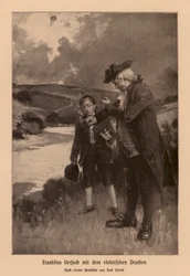 Benjamin Franklin investigating lightning (lithograph)