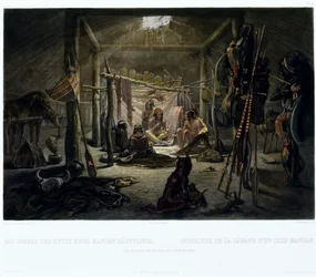 The Interior of the Hut of a Mandan Chief, engraved by Narcisse Edmond Desmadryl, c.1835