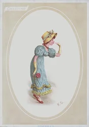 Girl in blue dress, with straw bonnet, holding rose