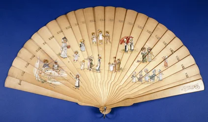 A Large Wooden Brise Fan Painted in Colours with Groups of Children at Various Pursuits