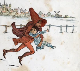 A leprechaun takes a small child. Illustration by Kate Greenaway from the children