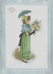 Girl in Green Dress, Holding Parasol and a Bouquet of Flowers