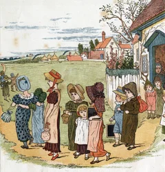 Out of school. Illustration by Kate Greenaway (1846-1901) from the book of tales and nursery rhymes for children "Under The Window" (1879), edited by Edmund Evans