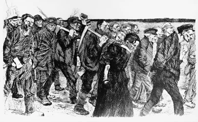 Demonstration of workers, illustration of Kathe Kollowitz for the opera Die Weber (The Weavers)