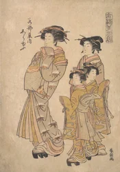 The Oiran Shirayu of Wakanaya Attended by Two Kamuro and Shinzo, ca. 1778