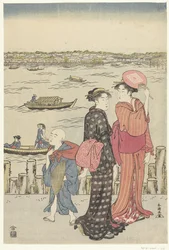 Two Women and a Boy on the Quay by a River