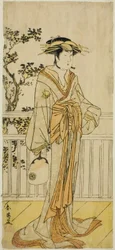 The Actor Iwai Hanshiro IV as Okumi of the Mieido Fan Shop in the Play Sanjuk-koku Yobune no Hajimari, Performed at the Ichimura Theater in the Fifth Month, 1789