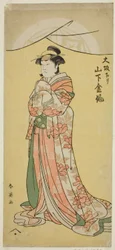 The Actor Yamashita Kinsaku II as the maid Tsumagi in the play "Otokyama O-Edo no Ishizue," performed at the Kiri Theater in the eleventh month, 1794