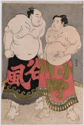 Full-length portraits of the wrestlers Onogawa Kisaburo and Tanizake Kajinosuke