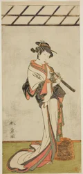The Actor Onoe Tamizo I as Oiso no Tora or Kewaizaka no Shosho, Disguised as a Female Komusu, in the Play Yui Kanoko Date-zome Soga, Performed at the Ichimura Theater in the First Month, 1774