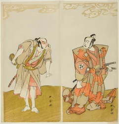 The Actors Bando Mitsugoro I as Hata no Kawakatsu (right), and Otani Hiroemon III as the Manservant (Yakko) Gansuke (left), in the Play Miya-bashira Iwao no Butai (Shrine Pillars on a Stone Base), Performed at the Morita Theater from the Fifteenth Day of t