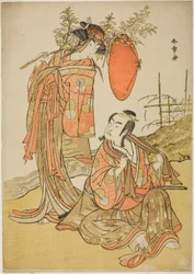 The Actors Ichikawa Monnosuke II and Segawa Kikunojo III as the Lovers Seijuro (right) and Onatsu (left), in the Elopement Scene "Michiyuki Hiyoku no Kiku-cho" (An Elopement: Chrysanthemum-and-Butterfly Lovebirds), a Dance Interlude from Part Two of the Pl