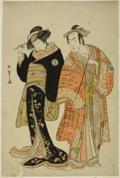 The Actors Matsumoto Koshiro IV and Segawa Kikunojo III as the Lovers Choemon and Ohan, in the Elopement Scene "Michiyuki Segawa no Adanami"