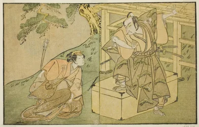 The Actors Onoe Matsusuke I as Akaboshi Taro and Azuma Tozo II as Shirotae, in the Play Kono Hana Yotsugi no Hachi no Ki, Performed at the Ichimura Theater in the Eleventh Month, 1771