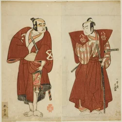 The Actors Onoe Matsusuke I as Yawata no Saburo and Otani Tomoemon I as the Yakko Emohei in the Play Myoto-giku Izu no Kisewata, Performed at the Ichimura Theater in the Eleventh Month, 1770