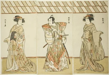 The Actors Onoe Tamizo I as Nishikigi (?) or Otae (?) (right), Ichikawa Danjuro V as Miura Heidayu Kunitae (?) (center), and Osagawa Tsuneyo II as Oyuki (?) (left), in the Play Date Nishiki Tsui no Yumitori (?), Performed at the Morita Theater (?) in the E