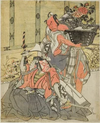 The Actors Otani Hiroemon III as Shinagawa Okaminosuke (right), and Ichikawa Danjuro V as Arashishi Otokonosuke (left), in the Play Fuki Kaete Tsuki mo Yoshiwara (Rethatched Roof: The Moon also Shines Over the Yoshiwara Pleasure District)