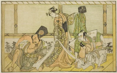The Actors Otani Hiroji III as Kawazu no Saburo (right), Segawa Kikunojo II as Princess Tatsu (center), and Nakamura Sukegoro II as Matano no Goro (left), in the Play Myoto-giku Izu no Kisewata, Performed at the Ichimura Theater in the Eleventh Month