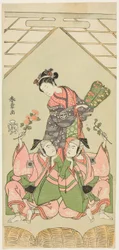 The Actors Segawa Kikunojo II as the Wet Nurse Reizei, Ichikawa Komazo I as Suruga no Hachiro in the Guise of the Shamisen Player Kichiroku, and Ichikawa Yaozo II as Tada no Kurando in the Guise of the Palanquin Bearer Kichinai, in the Scene