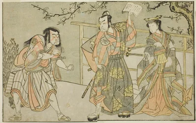 The Actors Yamashita Yaozo I as Ono no Komachi, Matsumoto Koshiro II as Godai Saburo, and Ichikawa Danzo III as Otomo no Kuronushi, in the play "Kuni no Hana Ono no Itsumoji," performed at the Nakamura Theater