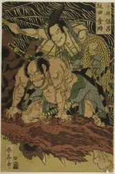 The Earth Spider Slain by Brave Samurai Watanabe no Tauna (center image)