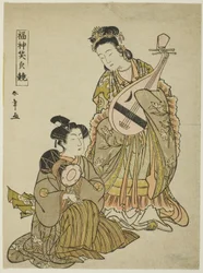 The Goddess Benten Holding a Biwa and a Young Man Holding a Shoulder Drum, from the series 