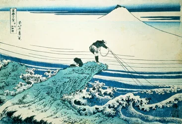 A Fisherman Standing on a Rocky Promontory at Kajikazawa in Kai Province, from the series "36 Views of Mt. Fuji"