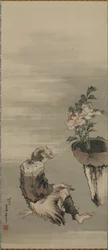 A Seated Man Looking at Potted Peonies, Edo period