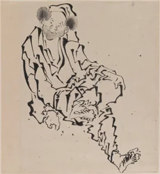 Drawing of a man seated with left leg resting over right knee