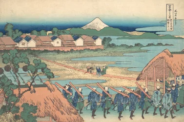 Fuji Seen in the Distance from Senju Pleasure Quarter, ca. 1830-32