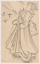 Girl playing with a battledore and shuttlecock, late 18th-early 19th century.