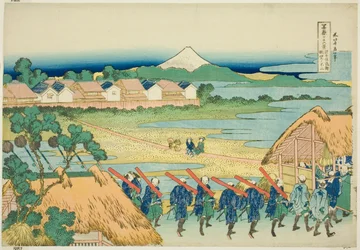 Mount Fuji Seen from the Senju Pleasure Quarter, from the series "Thirty-six Views of Mount Fuji"