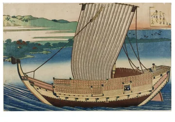 The Scene, a Junk Sailing on a Calm Sea Past the Bay of Suminoye in Settsu, from the Series The Hundred Poems Explained by the Nurse, c.1835-1836