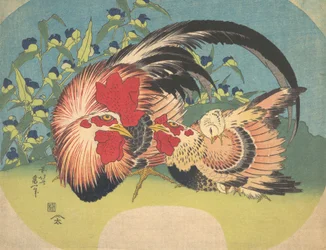 Rooster, Hen and Chicken with Spiderwort