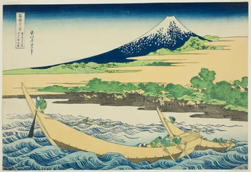 Tagonoura Bay near Ejiri on the Tokaido (Tokaido Ejiri Tagonoura ryakuzu), from the series Thirty-Six Views of Mount Fuji (Fugaku sanjurokkei)