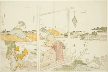 Women on a Veranda Stretching Cloth to Dry